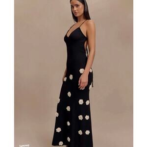 Meshki Suki Knit Black White 3D Flower Knit Maxi Dress XS Evening Strappy